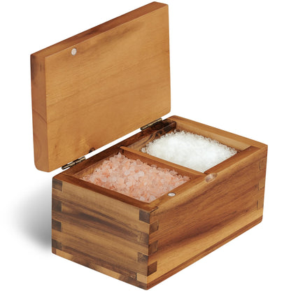Demigo Acacia Wood Salt Cellar with Magnetic Flip Lid - 20 oz Large Capacity Salt Box for Kitchen - Keeps Spices, Herbs & Seasonings Fresh (Natural Brown)