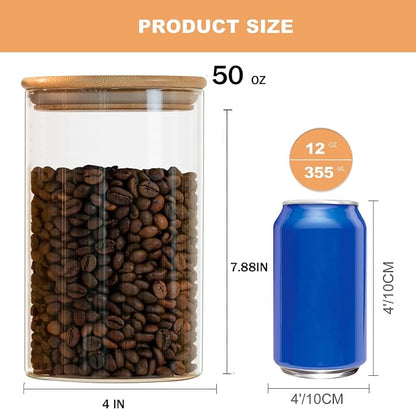 Liuruiyu 50oz Glass Food Storage Jars Set of 6,Glass Storage Containers Clear Glass Food Canister with Bamboo Lid Airtight For Serving Tea, Coffee, Flour, Sugar, Candy, Cookie, Spice and More (Round)