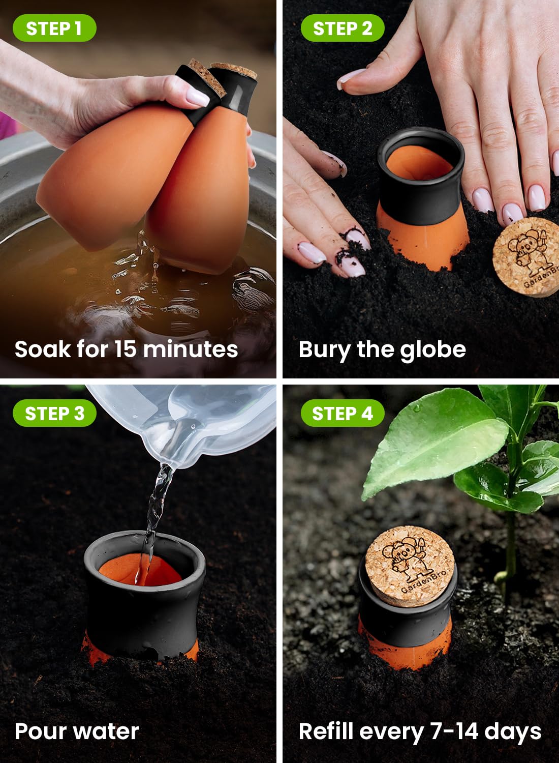 4 Pcs Ollas Terracotta Watering Pots Large - 14 Oz Self Watering Planter Insert Olla Watering System For 1-week Easy To Refill - Clay Plant Watering Globes For Outdoor & Indoor Plants [4, Black]