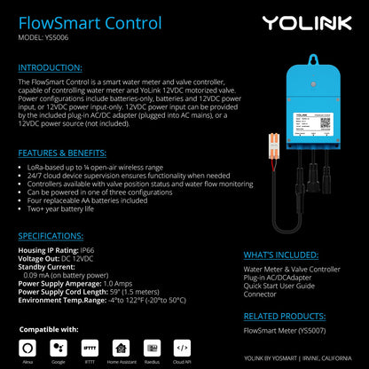NSF Certified Pulse Meter + Shutoff Valve Kit, 3/4", FlowSmart Controller YS5006 Reads Meter Pulses, Real-Time Usage & Leak Detection, Auto Shutoff (D2D Offline), LoRa Long Range, Hub Included