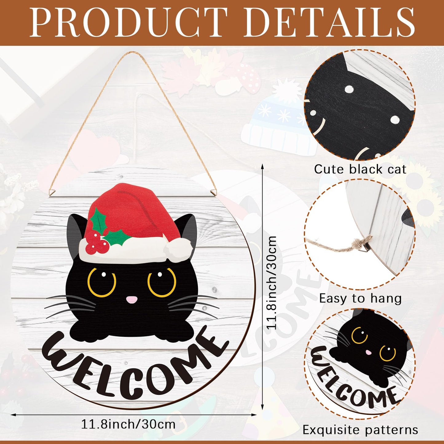 BrightRow Interchangeable Welcome Sign for Front Door with 4 Seasonal 15 Black Cat Headpieces, Wooden Farmhouse Outdoor Porch Sign with 4th of July Patriotic Decor for Cat Lovers, Housewarming Gift