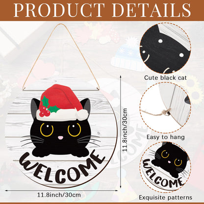 BrightRow Interchangeable Welcome Sign for Front Door with 4 Seasonal 15 Black Cat Headpieces, Wooden Farmhouse Outdoor Porch Sign with 4th of July Patriotic Decor for Cat Lovers, Housewarming Gift