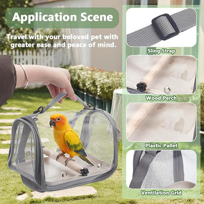 Bird Carrier Backpack Gray Travel Cage with Clear PVC Window and Breathable Mesh Portable Bird Carrier Bag for Small Birds Parrot Cockatiel Parakeet to Vet Visit and Outdoor Adventure