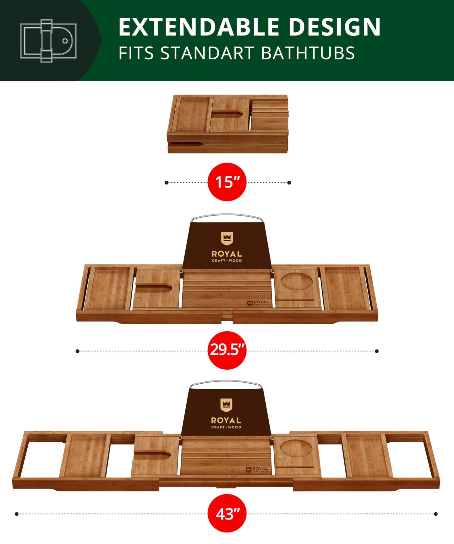 ROYAL CRAFT WOOD Premium Foldable Bathtub Tray Caddy - Wood Bath Tray for Tub, Bamboo Shelf, Expandable Bath Table Trays, Bathtub & Bathroom Accessories for New Home & Mothers, Birthday Gifts for Mom