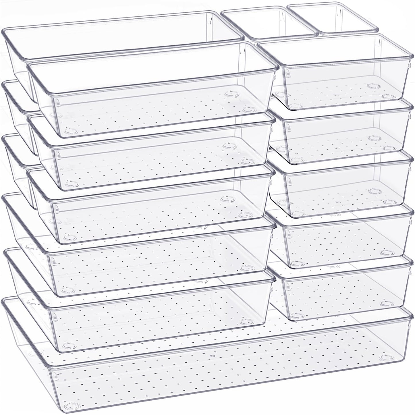 Criusia Drawer Organizer, 10 Pack Large Clear Plast Set, 3 Size Versatile Bathroom and Vanity Organizer Trays, Storage Bins for Makeup, Bedroom, Kitchen Utensils