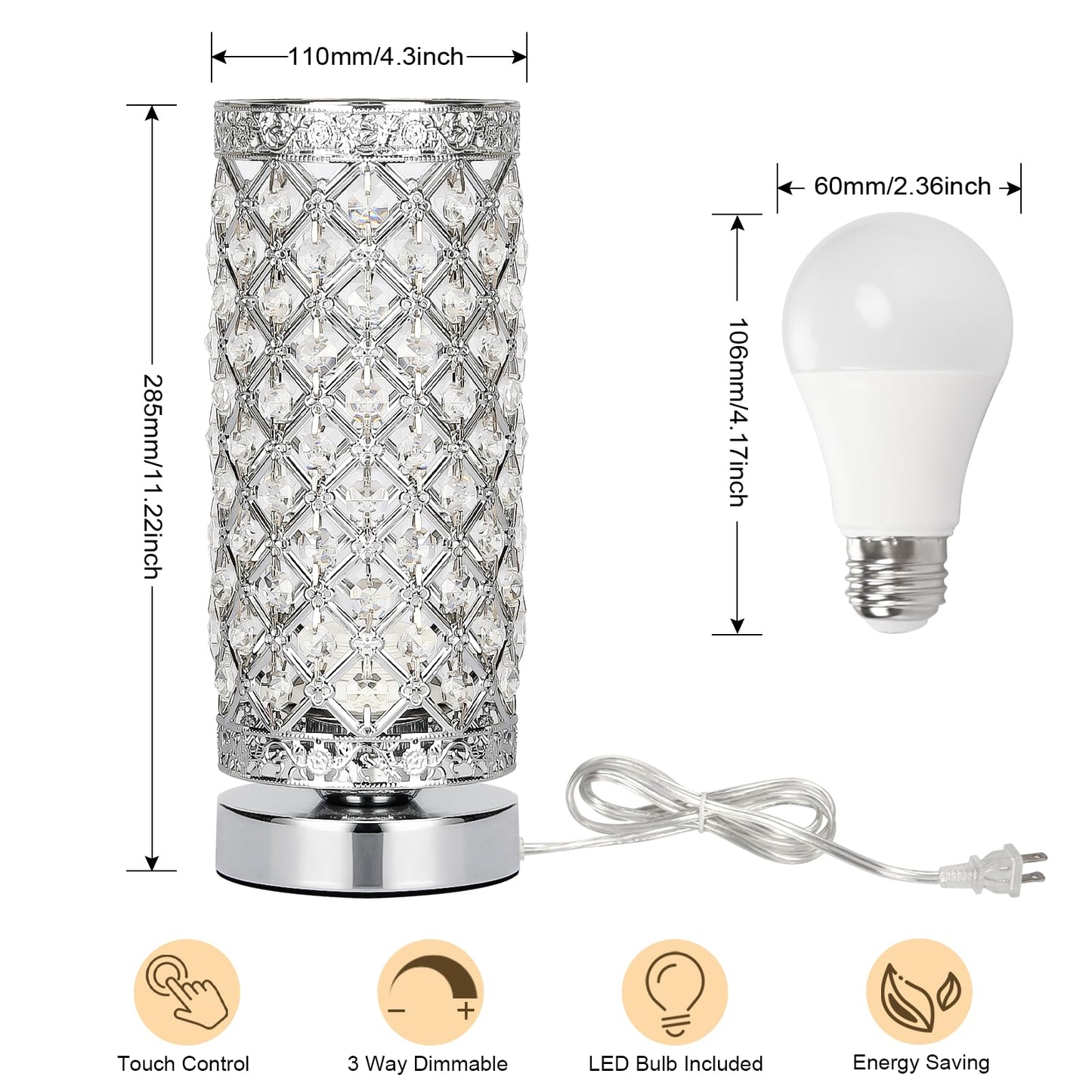 Seaside village Crystal Table Lamp Touch Control Dimmable Accent Desk Lamp Bedside Modern Table Light with Silver Lamp Shade Night Light Fixture for Living Room Bedroom Kitchen