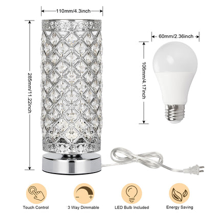 Seaside village Crystal Table Lamp Touch Control Dimmable Accent Desk Lamp Bedside Modern Table Light with Silver Lamp Shade Night Light Fixture for Living Room Bedroom Kitchen