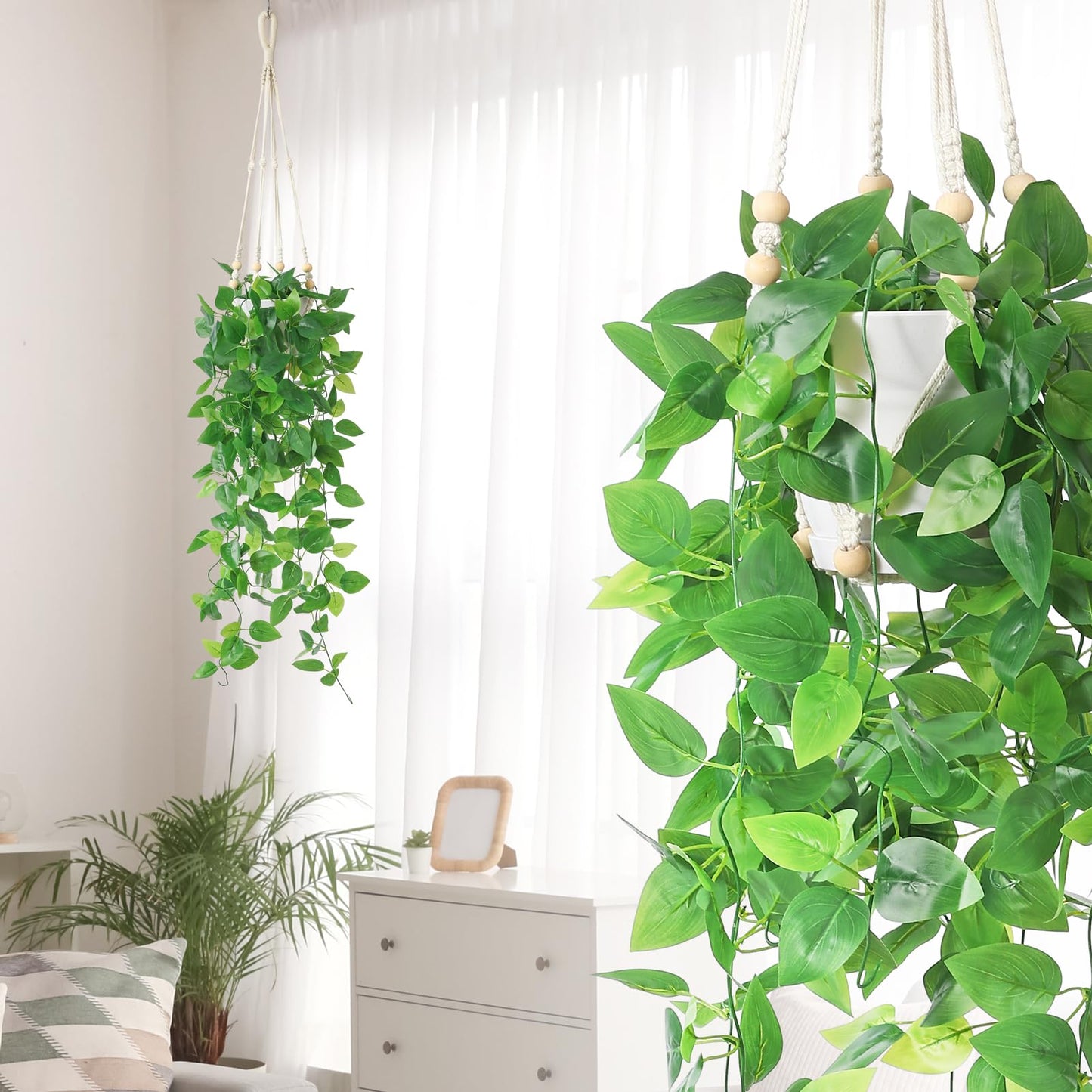KTGOW Artificial Hanging Plants with Boho Macrame Plant Hanger - Fake Ivy Vines in Pot for Wall, Bedroom Home Faux Greenery for Indoor Outdoor Decor (2 Packs)