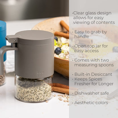 Zuutii Glass Spice Jars Moisture-Proof Spice Containers with Spoons, Set of 2 10oz/300ml Spice Bottles, Mini Seasoning Storage Jars with Flapper Caps for Salt, Sugar, Peppers, Chili in Kitchen Grey