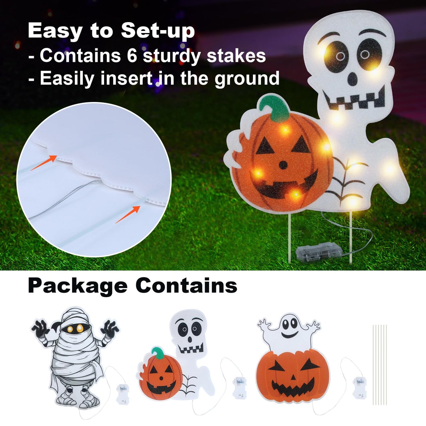 Lighted Yard Signs for Halloween Props Yard Stakes Light Up Pumpkin Ghost Yard Sign with Stakes for Halloween Decorations Outdoor Lawn Decor Yard Decorations - 3PCS