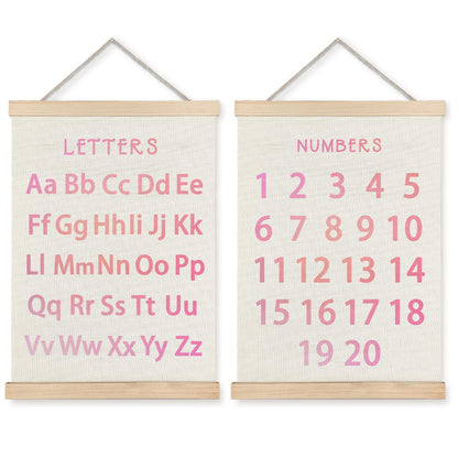 Supwhd Classroom Wall Decor, Numbers and Alphabet Educational Wall Art Poster, Alphabet ABC Numbers from 1 to 20 Poster Wall Decor for Toddler Kids Room Playroom Classroom, 12x16 Set of 2（Pink）