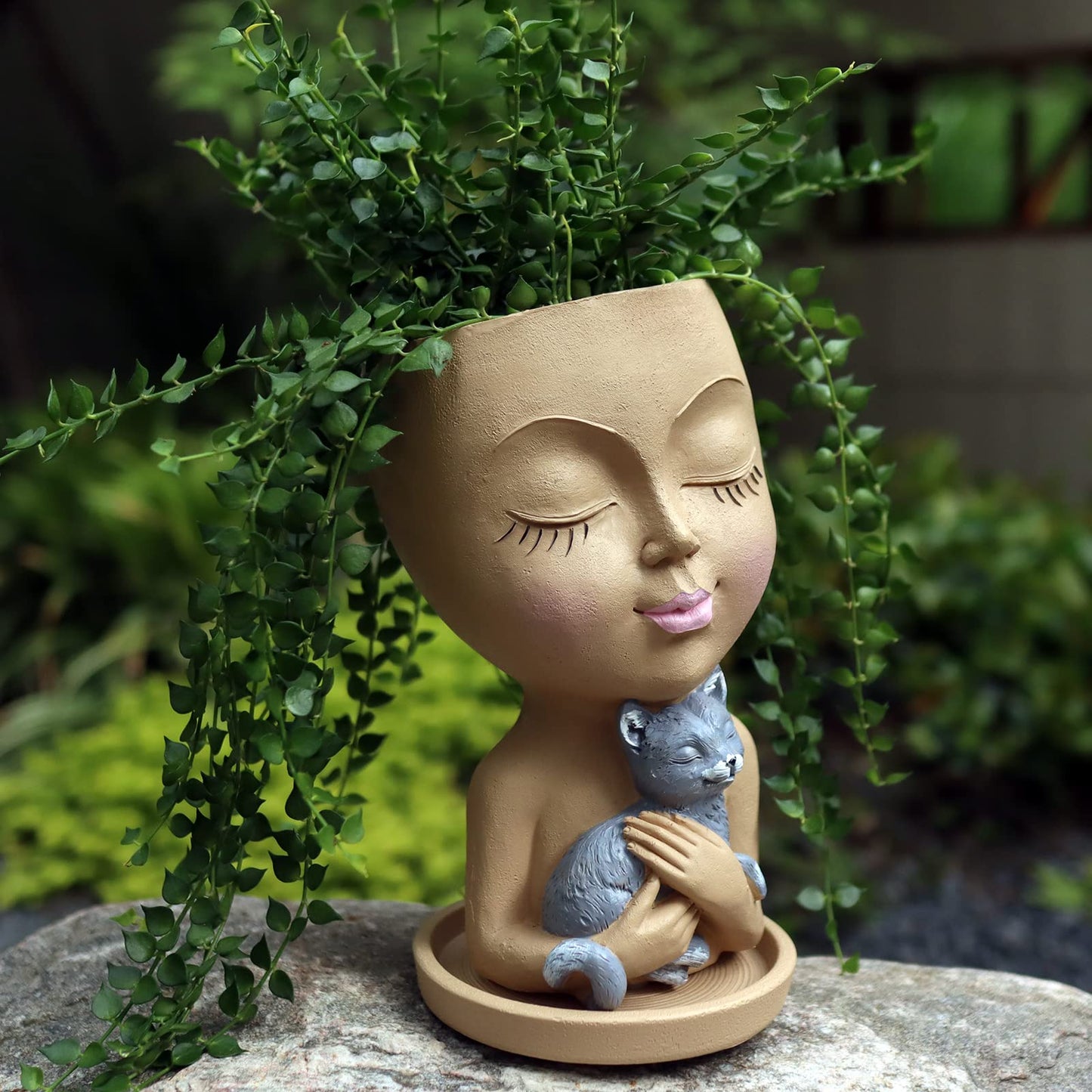 Dolkgy Cute Face Planter with Cat Head Planter Pot for Indoor Outdoor Plants, Succulent Planters with Drainage, Decorative Flower Pots for Home Garden Office Décor