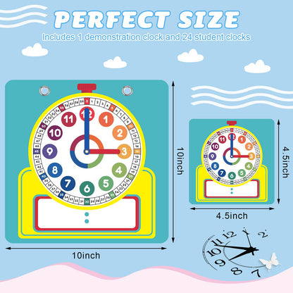 Junkin 25 Pcs Teaching Clock Kit, Learning Clocks for Kids Learning Time with Erasable Surface for Home School Classroom Supplies(Vivid Style)