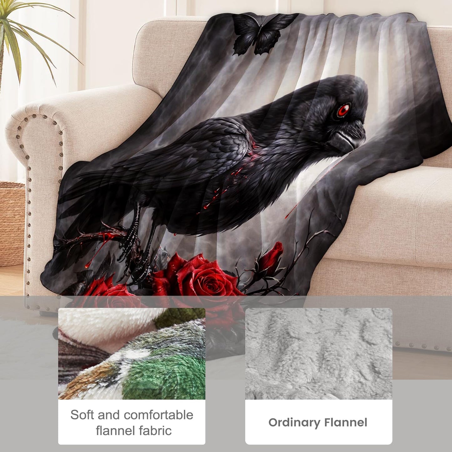 cromcu Raven Gothic Flannel Throw Blanket, 50x60in, Soft Warm Cozy Blankets with Black Raven and Red Rose, Gothic Gifts for Women Crow Lovers, Halloween Home Decor Dorm Office Travel Camping