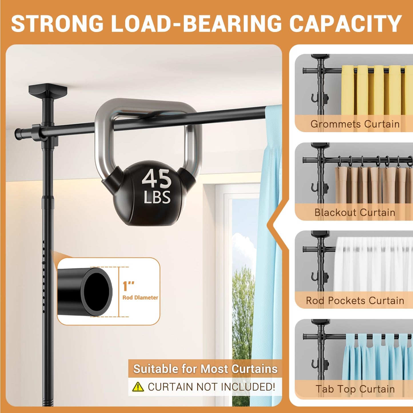 Room Divider Curtain Rod, No Drilling Adjustable Space Partition, Heavy Duty Floor to Ceiling Tension Rod, 4-10ft(H) 28-70inch(W), Temporary Wall Divider for Privacy, Black