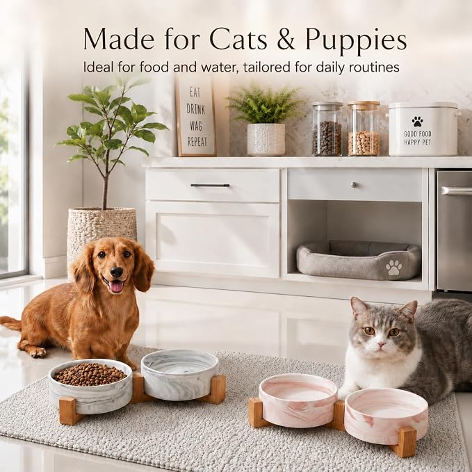 Ceramic Dog Bowls with Non-Slip Bamboo Stand - Dog Food and Water Bowl Set Ideal for Cats and Small Dogs - Double 5.1" Pet Dishes, Each Feeder Holds 1.4 Cups / 10.8 fl oz - Pink Marble