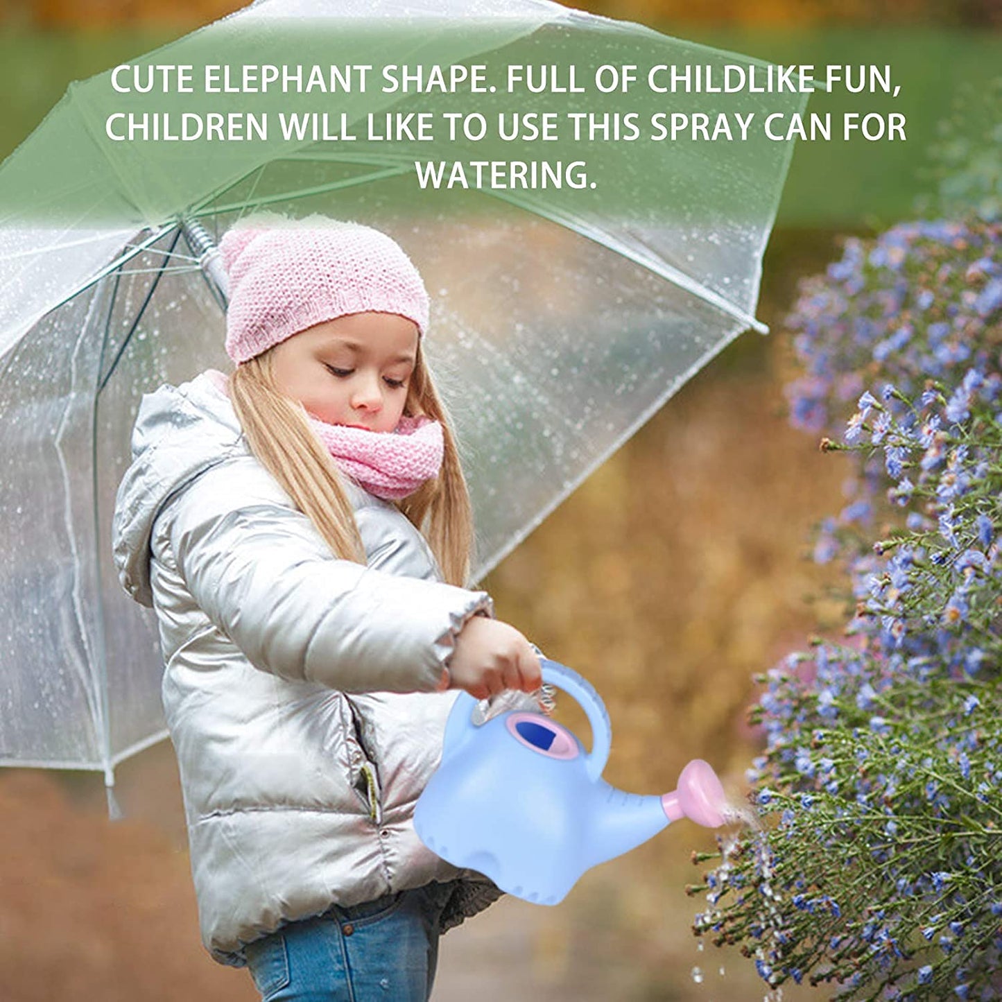 LOYUYU 0.4 Gallon Plastic Watering Can Small Lightweight Cute Indoor Outdoor Garden Plants, Watering Can with Shower Head Elephant: Blue Body Pink Head