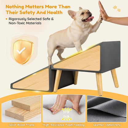 17" H Dog Stairs for Small Dogs – 4-Step Non-Slip Dog Ramp for Couch, Foldable 2-in-1 Pet Stairs & Ottoman, Upgraded Pet Steps for Puppies, Senior Dogs & Injured Pets, Solid Wood Frame (Grey)