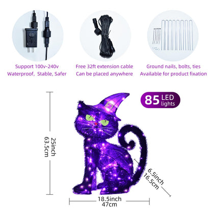 Halloween Decorations Outside Witch Cat - HOYECHI Outdoor Halloween Decor Lighted Black Cat 2ft, Light Up Cat with 85 Led Lights, Ground Stakes, for Front Yard Porch Gardens Lawns Party