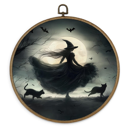 Gnmduw Witchy Black Cat Wall Art Framed, Dark Witchy Academia Decor, Halloween Witch Round Hanging Wall Decor, Dark Gothic Moody Academia Canvas Prints Art for Living Room Bathroom Bedroom, 10x10 In
