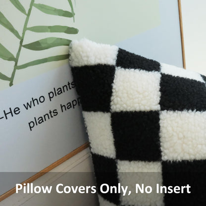 JOJUSIS Decorative Throw Pillow Covers Luxury Style Checkerboard Pattern Cushion Case Super Soft Faux Fur Wool Pillowcases for Couch Bedroom Pack of 2 (Black, 18 x 18-Inch)