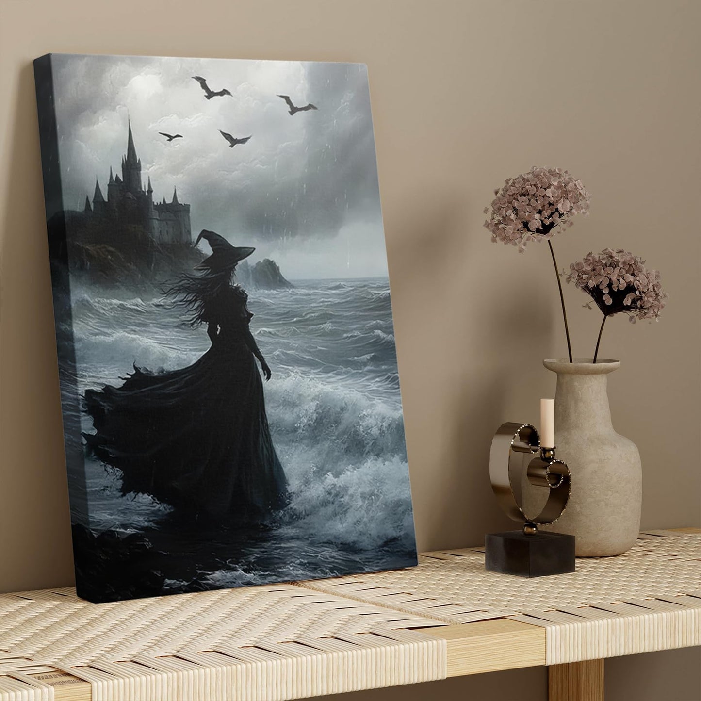 Halloween Horror Witch Canvas Wall Art Dark Academy Witch Painting Picture Wall Decor Goth Dark Moody Poster Print Artwork for Halloween Party in Living Room and Bedroom Home Decoration