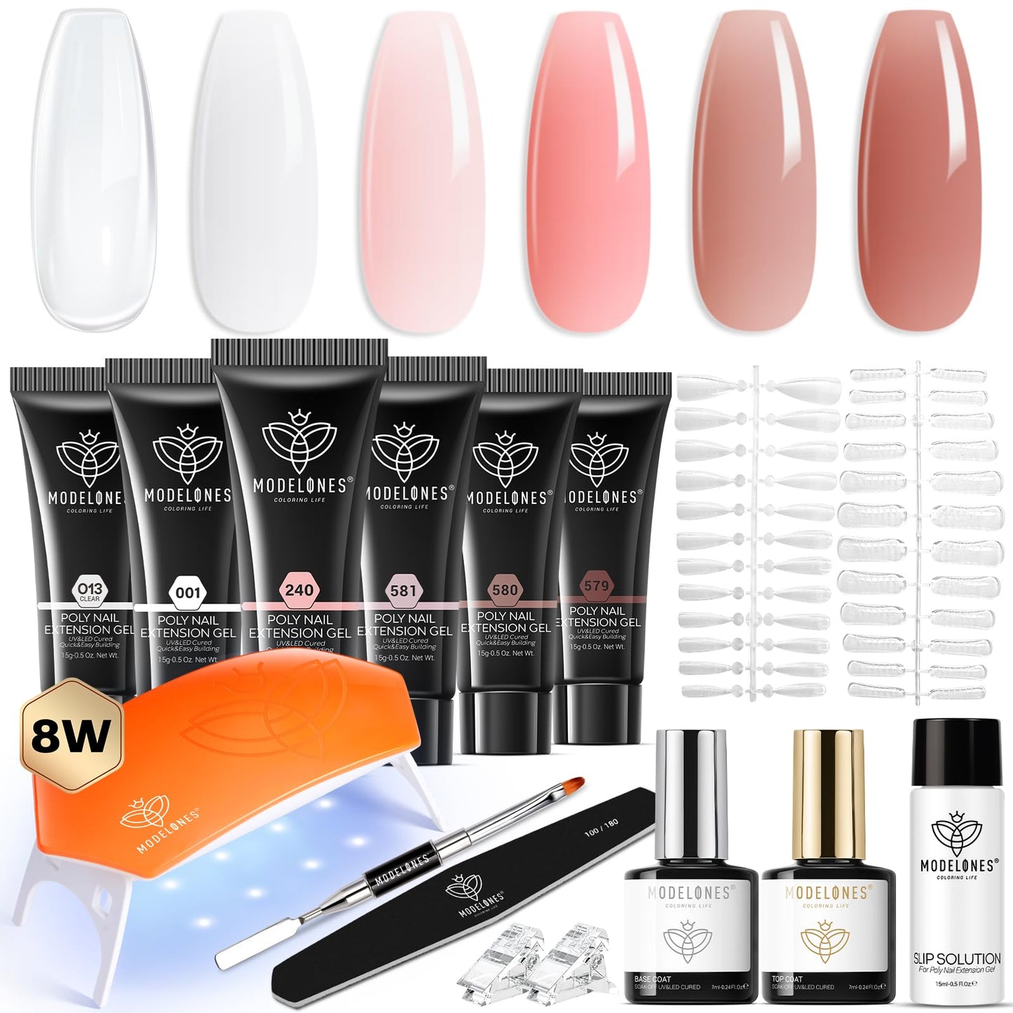 modelones Poly Gel Nail Kit 6 Colors with 8 W Nail Lamp Extension Gel Kit Jelly Milky White Pink Nude Complete Tools Beginner Thickening Solutions DIY at Home for Women