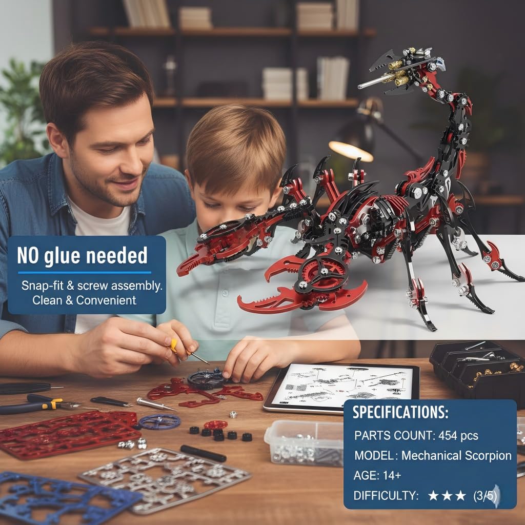 Scorpion 3D Metal Puzzles for Adults, 454PCS Stainless Steel DIY Mechanical Metal Model Kits, No Glue Assembly with Movable Joints, Challenging Metal Building Kit Desk Decor Gift(Blue-Black)