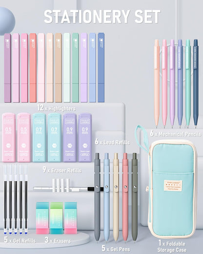 Four Candies 39 PCS Aesthetic Stationery Set with Cute Pen Case, College Supplies and Nursing Student Essentials, 12 Pastel Highlighters, 5 Black Gel Pens, 6 Mechanical Pencils, Blue