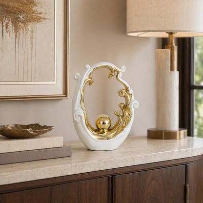 LINYTHER Abstract Ceramic Sculpture, White and Gold Modern Tabletop Statue Wave-Inspired, for Home Decor, Decorative Accent for Shelf, Mantel, Coffee Table, Console or Entryway