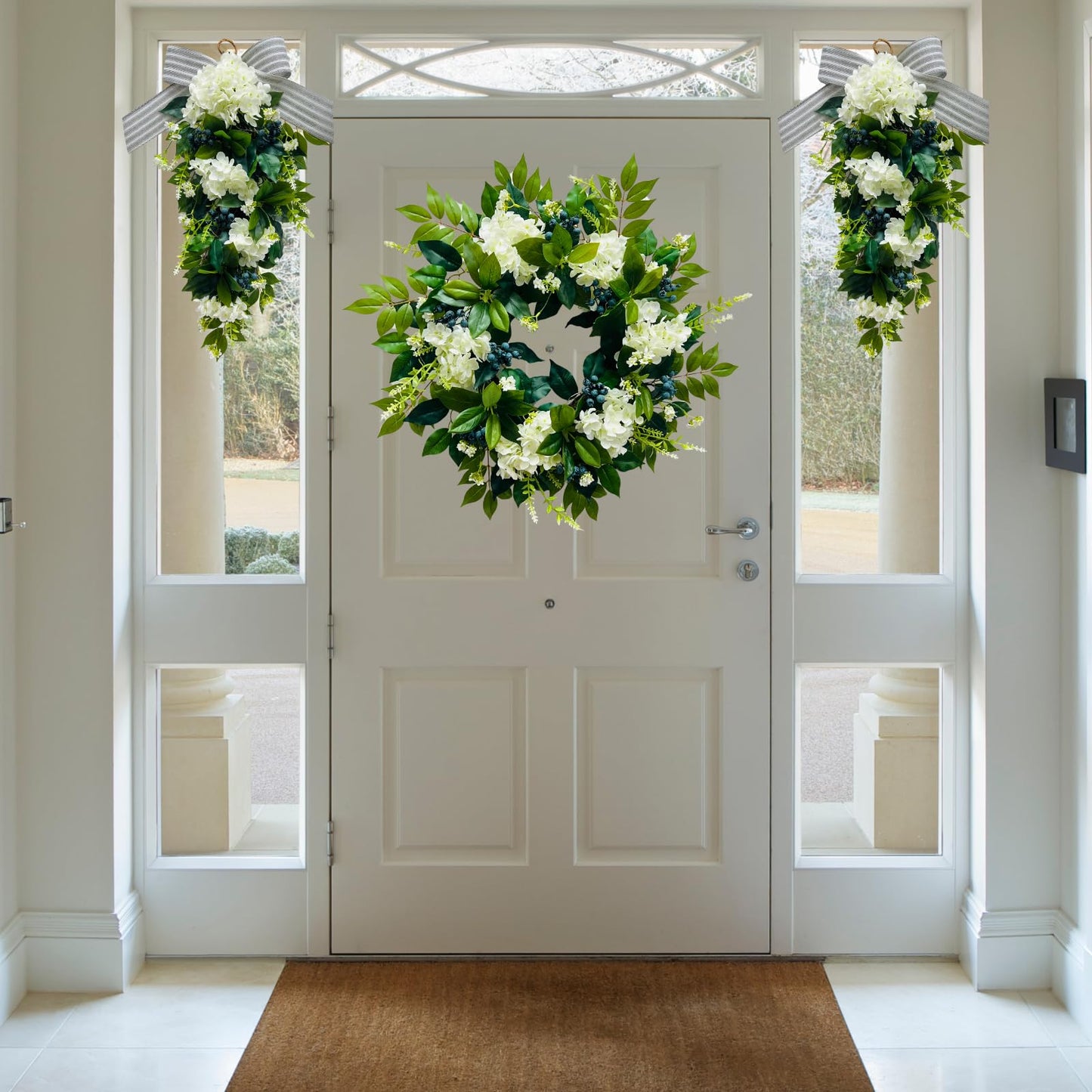 Svndlyn 22 Inch Lighted Hydrangea Wreath with Timer for All Season 20 Lights Steady & Flashing Modes Artificial Hydrangea Flower Blueberry and Eucalyptus Leaves for Outdoor Front Door Wall Window