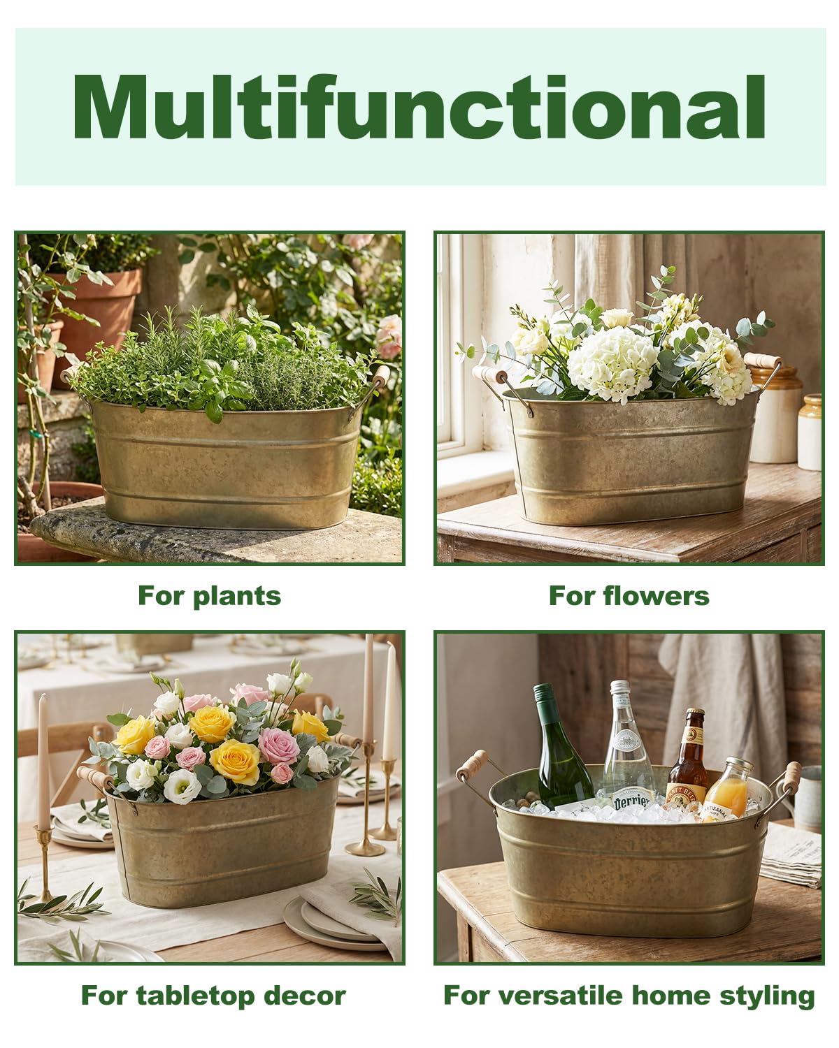 vensovo 15 Inch Galvanized Planters for Outdoor Plants - 3 Pcs Rustic Large Metal Flower Buckets with Drainage & Plug, Farmhouse Style Oval Planter Containers with Handles, Great for Home Decor