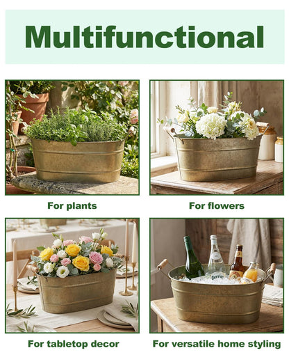 vensovo 15 Inch Galvanized Planters for Outdoor Plants - 3 Pcs Rustic Large Metal Flower Buckets with Drainage & Plug, Farmhouse Style Oval Planter Containers with Handles, Great for Home Decor