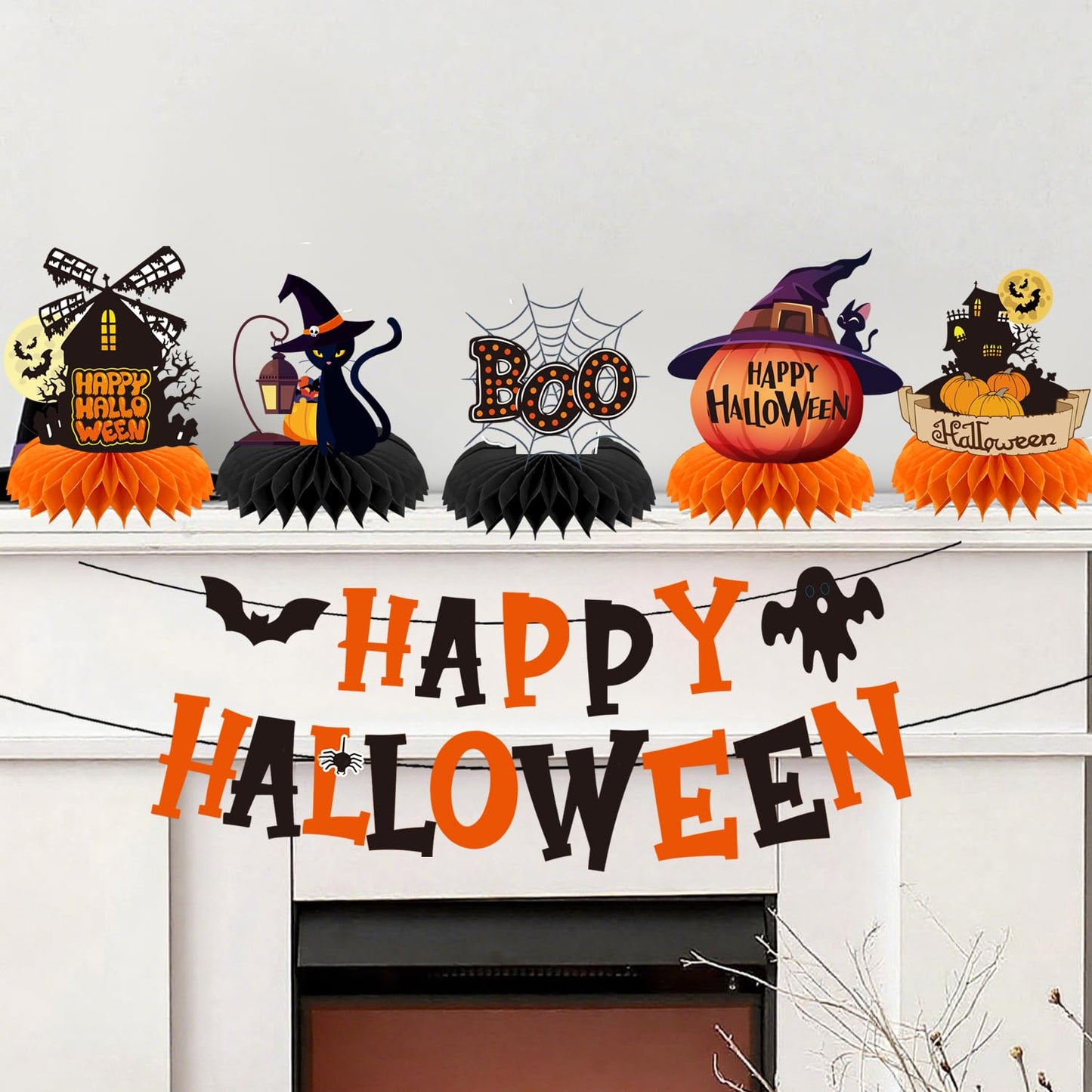Halloween Decorations Honeycomb Table Centerpieces & Banner Set – 7PCS Black Cat, Haunted House, Pumpkin, Witch Hat & Cauldron Halloween Party Supplies for Home, Office, Classroom