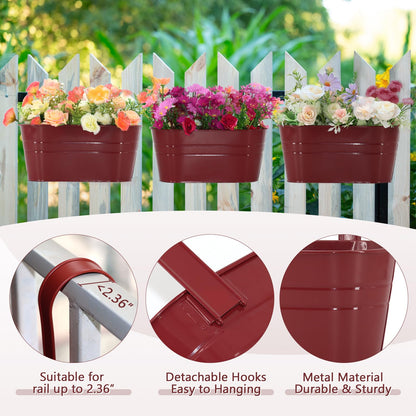 Meltset M 3 Pack Metal Railing Planters, 10.5" Oval Hanging Flower Pots with Detachable Hooks & Drainage Holes, Fits Rails up to 2.36", Galvanized Iron Fence Bucket for Balcony Garden Patio - Red