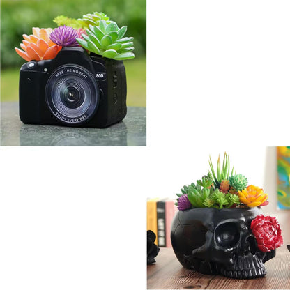 KIKTOP Camera Decorative Planter Plant Gift+Skull Planter Black Room Decor Head Planter