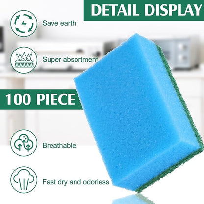 Patelai 100 Pcs Heavy Duty Sponges Kitchen Bulk Dish Sponges Scrub Sponge Abrasive Scrubber Cleaning Sponge Non Scratch Scouring Absorbent Dish for Washing Kitchen (Blue)