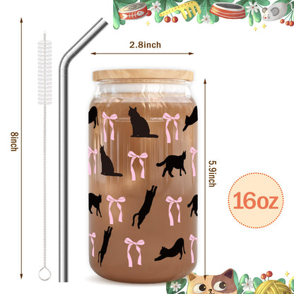 RVEAFA Cute Cat and Bows Iced Coffee Cup Halloween Glass Tumbler Gifts for Women Cat Lovers Gifts for Birthday Halloween Christmas Day, 16oz Glass Cups with Lids and Straw