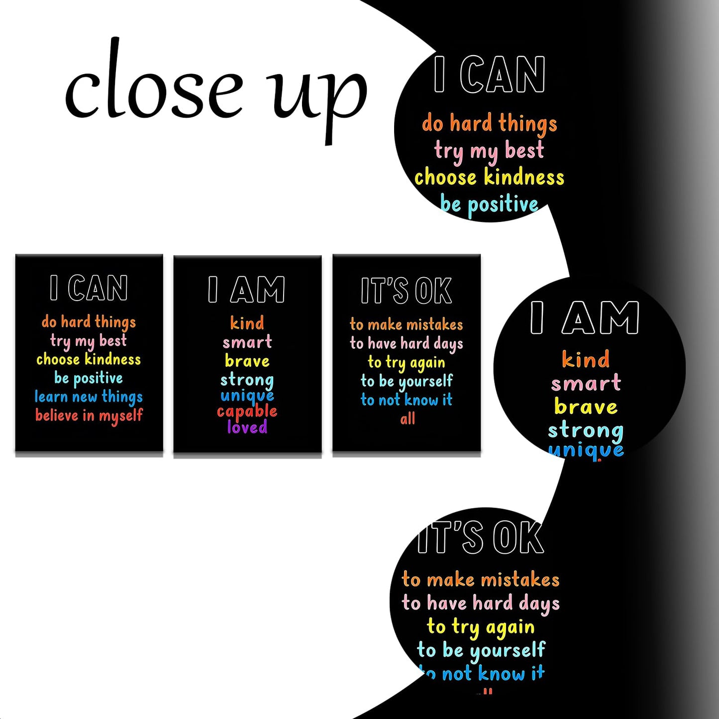 PSYYSP Positive Affirmations Wall Decor For Kids Bedroom Classroom Posters Growth Mindset I Am I Can It Is Ok Inspirational Canvas Art Set 3 Piece Framed Office Decor 16x36 Inch Triptych Artwork