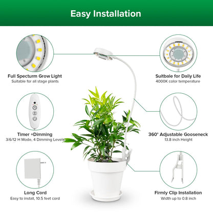 SANSI Grow Lights for Indoor Plants, Pot Clip LED Plant Light for Growing Full Spectrum, Plant Growing Lamp with 4-Level Dimmable, Auto On Off 3 6 12 Hrs Timer for Pot Plants, White 10W 3-Pack