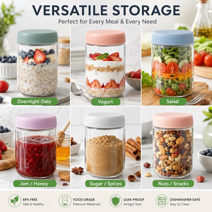 6 Pack Overnight Oats Containers with Screw Lid (3 × 10 oz, 3 × 16.7 oz) 2026 Upgraded High Borosilicate Glass Containers for Snacks Yogurt Spice Sugar, Wide Mouth Mason Salad Jars
