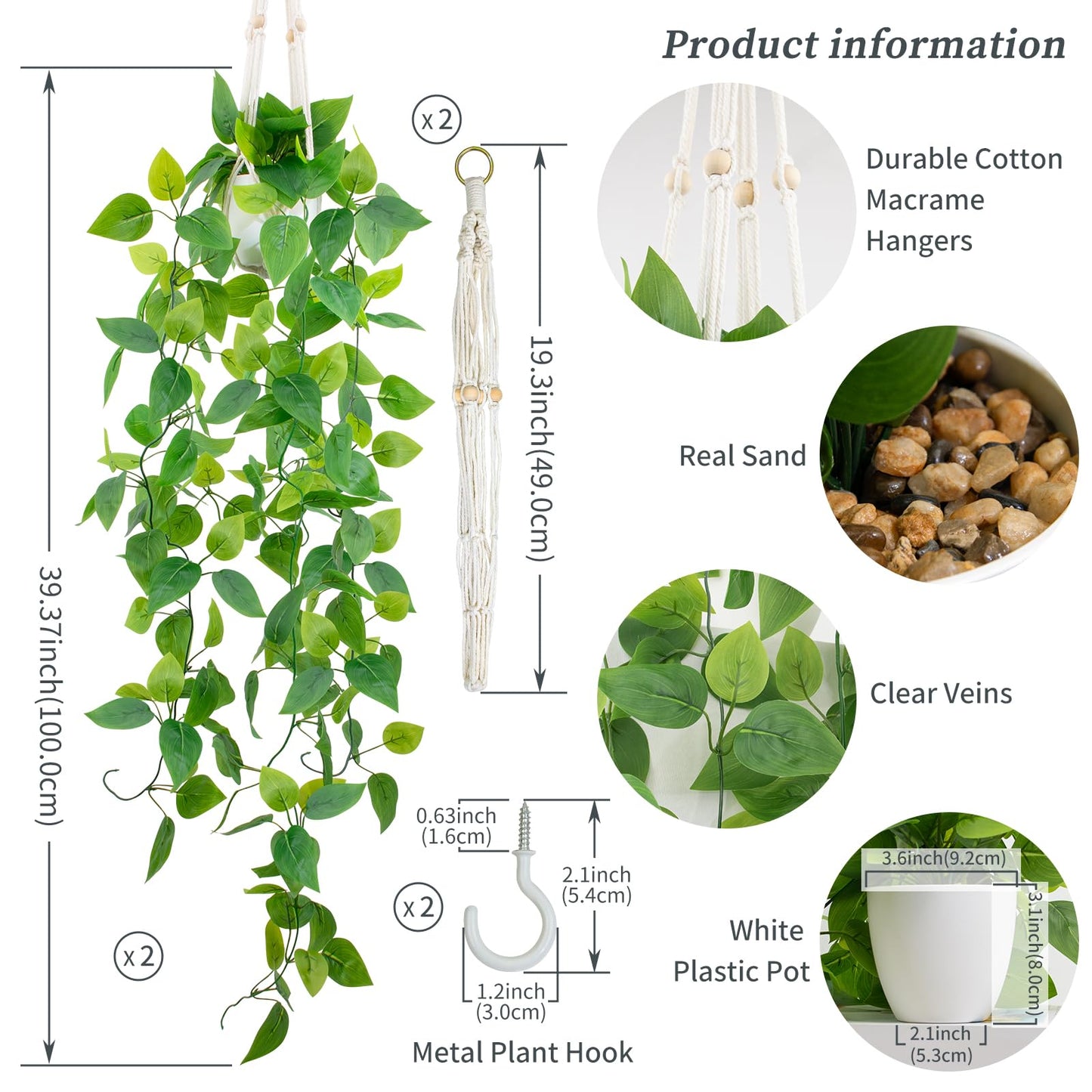 LOYWREE 2 Pack Artificial Hanging Plant Kit with Pot and Hanger - 39" Long Fake Pothos Vines - Hanging Potted Faux Plant Indoor for Wall Ceiling Bedroom Bathroom Living Room Home Decor (White Pot)