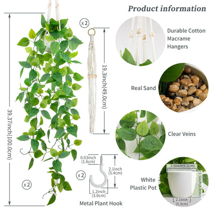 LOYWREE 2 Pack Artificial Hanging Plant Kit with Pot and Hanger - 39" Long Fake Pothos Vines - Hanging Potted Faux Plant Indoor for Wall Ceiling Bedroom Bathroom Living Room Home Decor (White Pot)