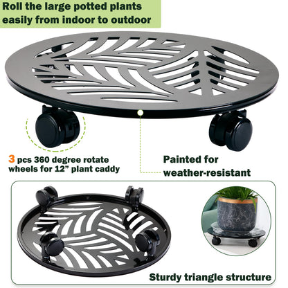 3 Packs 13 inches Large Metal Plant Caddy with PU Wheels Heav-duty Rolling Plant Stands Indoor Outdoor Wheeled Plant Dolly Coasters Flower Pot Mover Rollers Plant Trolley Cart, Plant Saucers Included