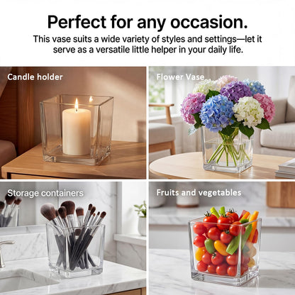 4 Pack Square Glass Vase 6" x 6" x 6", Clear Flower Vase for Centerpieces,Plant Terrarium, Floating Candle Holder for Wedding Centerpieces, Office Decorations, Home Décor, Parties and Events
