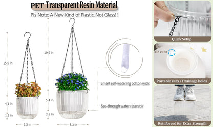 Melphoe 2 Pack Self Watering Hanging Planters Indoor Flower Pots, 5.3/8.3 Inch Outdoor Hanging Basket, Plant Hanger with 3Hooks Drainage Holes for Garden Home (White)