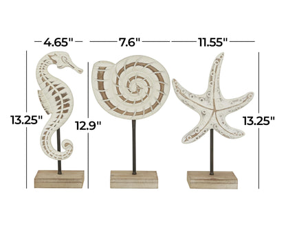 Deco 79 Plastic Sea Life Decorative Sculpture Home Decor Statues, Set of 3 Accent Figurines 13", 13", 13"H, White