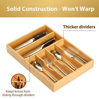 Umilife Bamboo Kitchen Drawer Organizer, 13 Inch Silverware Utensil Tray Holder, Extra Deep Grooved Drawer Divider, 7 Slots Total Bamboo Wood Caddy for Flatware Cutlery Knives, Forks, Spoons