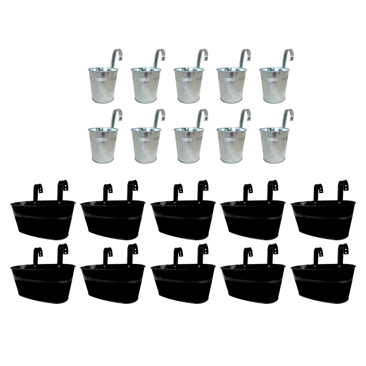 LaLaGreen Bundle - 10 Pack, 11.2 Inch Black + 10 Pack, 6 Inch Silver Metal Pots,Wall Mount Modern Fence Bucket Outdoor Planter Boho Farmhouse Window Rail Box Plant Holder Balcony Garden Decoration