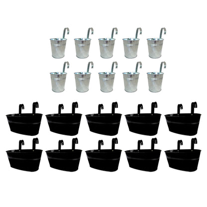 LaLaGreen Bundle - 10 Pack, 11.2 Inch Black + 10 Pack, 6 Inch Silver Metal Pots,Wall Mount Modern Fence Bucket Outdoor Planter Boho Farmhouse Window Rail Box Plant Holder Balcony Garden Decoration